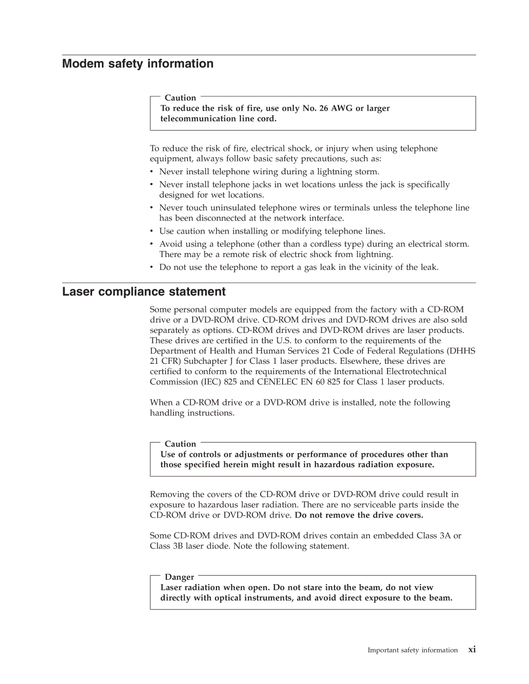 Lenovo 8097, 8146, 8423, 8427, 8422, 8143, 8144 manual Modem safety information, Laser compliance statement 