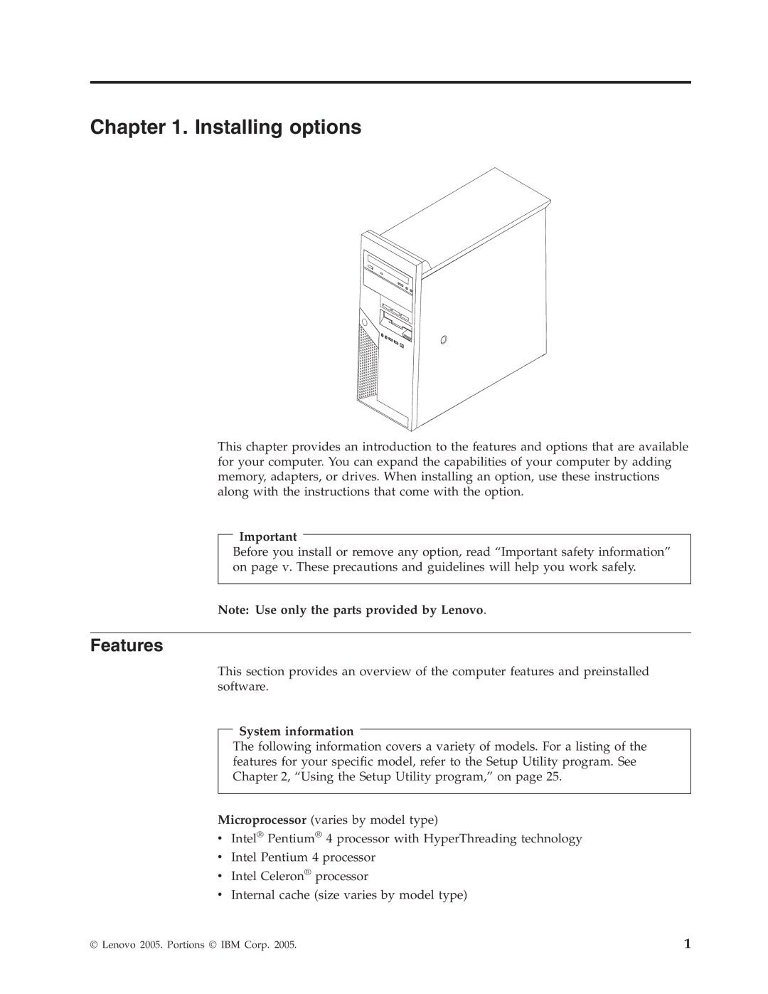 Lenovo 8422, 8146, 8423, 8427, 8143, 8144, 8097 manual Installing options, Features 