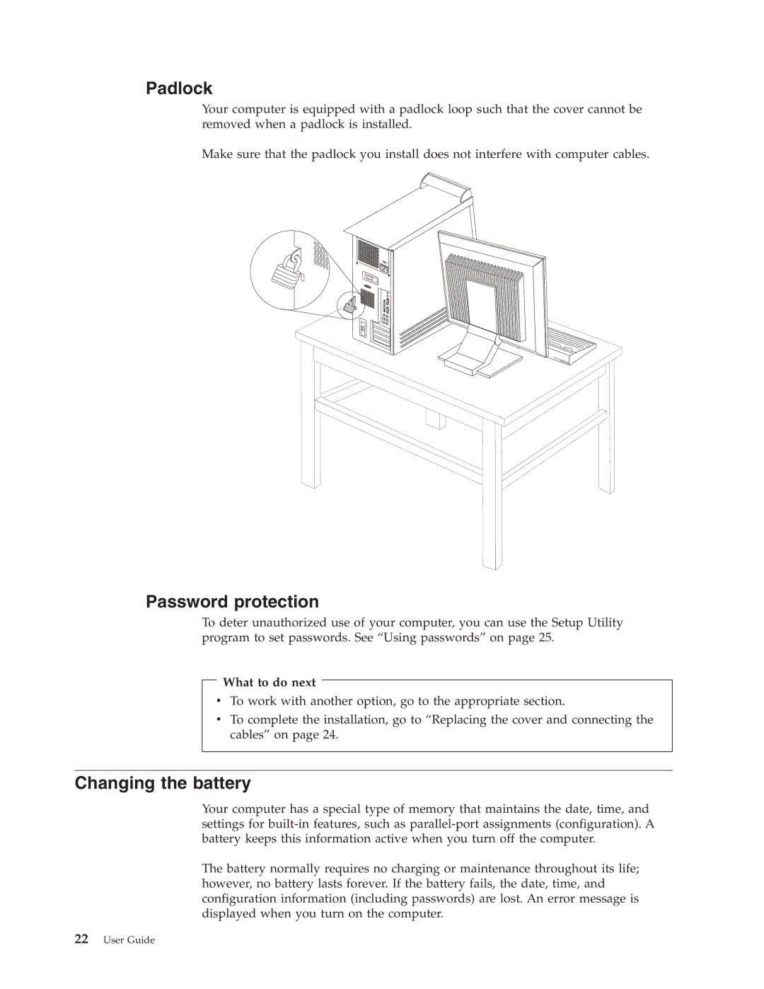 Lenovo 8422, 8146, 8423, 8427, 8143, 8144, 8097 manual Padlock, Password protection, Changing the battery 