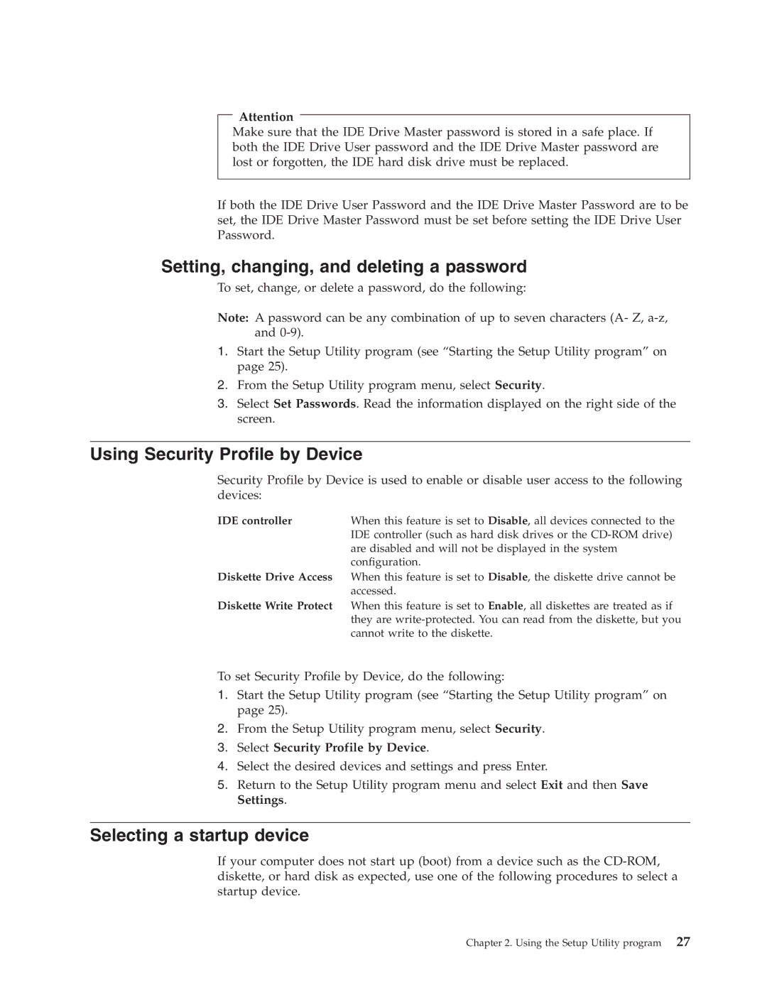 Lenovo 8423, 8146 Setting, changing, and deleting a password, Using Security Profile by Device, Selecting a startup device 