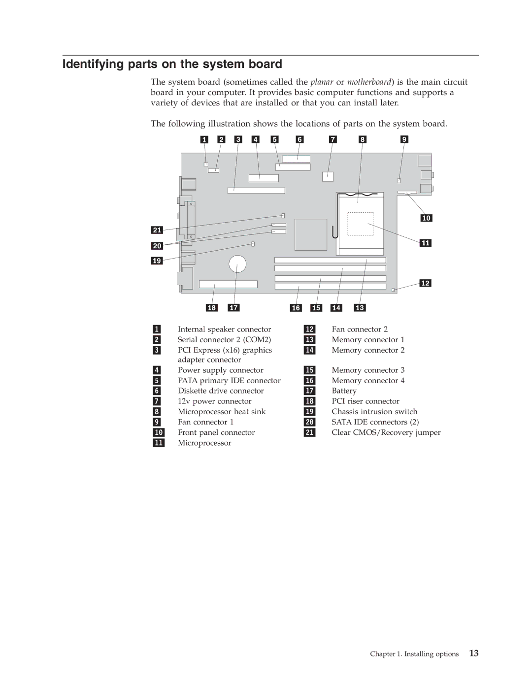 Lenovo 8164, 8154, 8214, 8165, 8212, 8213, 8162, 8161, 8211, 8163, 8111 manual Identifying parts on the system board 