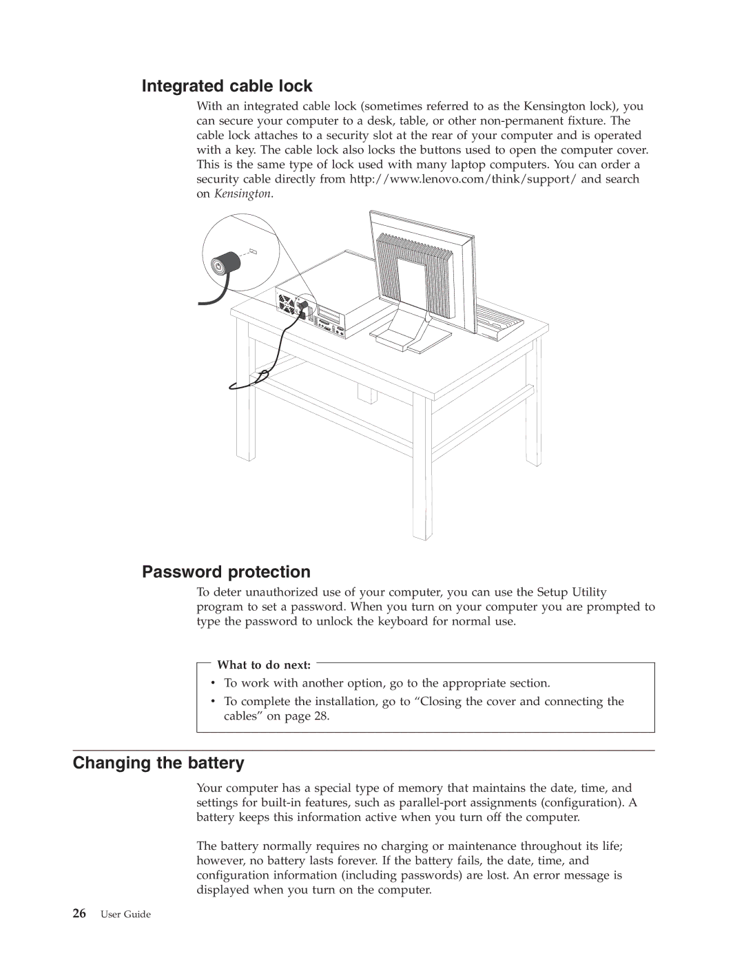 Lenovo 8163, 8154, 8214, 8165, 8212, 8213, 8162, 8161, 8164, 8211 Integrated cable lock Password protection, Changing the battery 