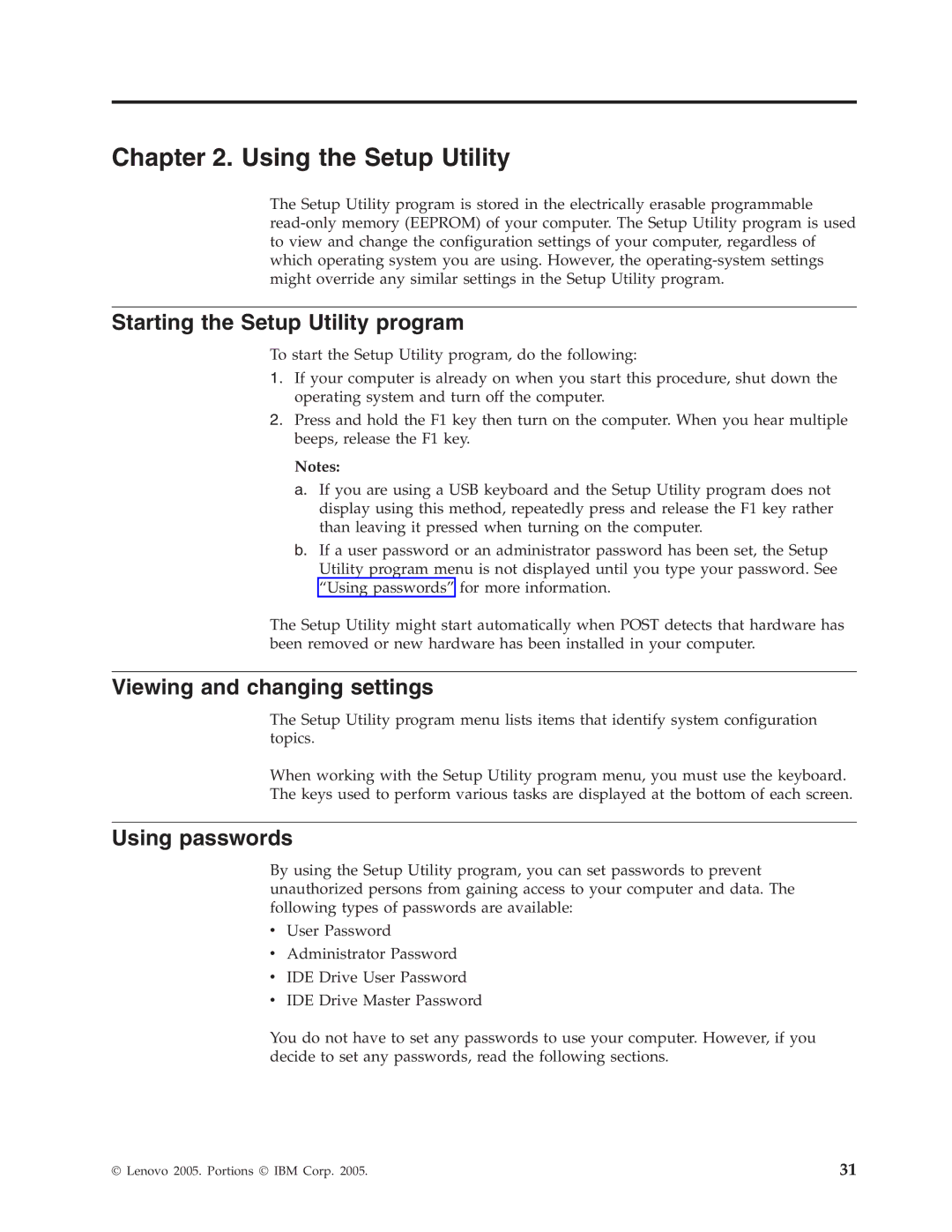 Lenovo 8212 Using the Setup Utility, Starting the Setup Utility program, Viewing and changing settings, Using passwords 