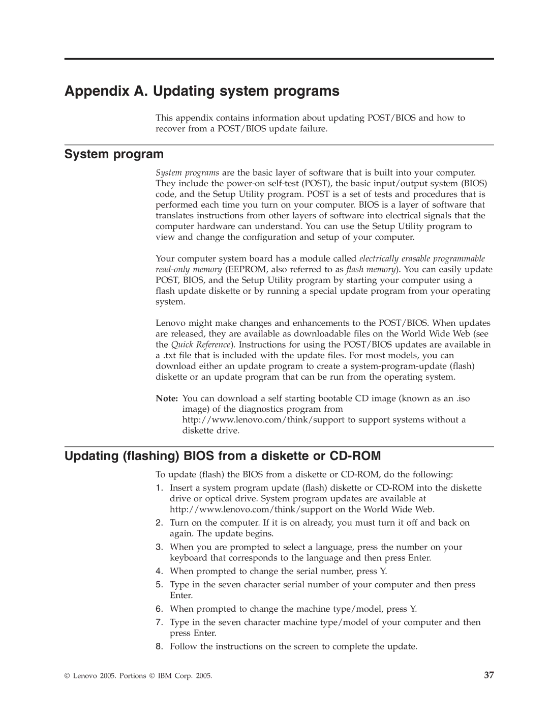 Lenovo 8163, 8154 Appendix A. Updating system programs, System program, Updating flashing Bios from a diskette or CD-ROM 