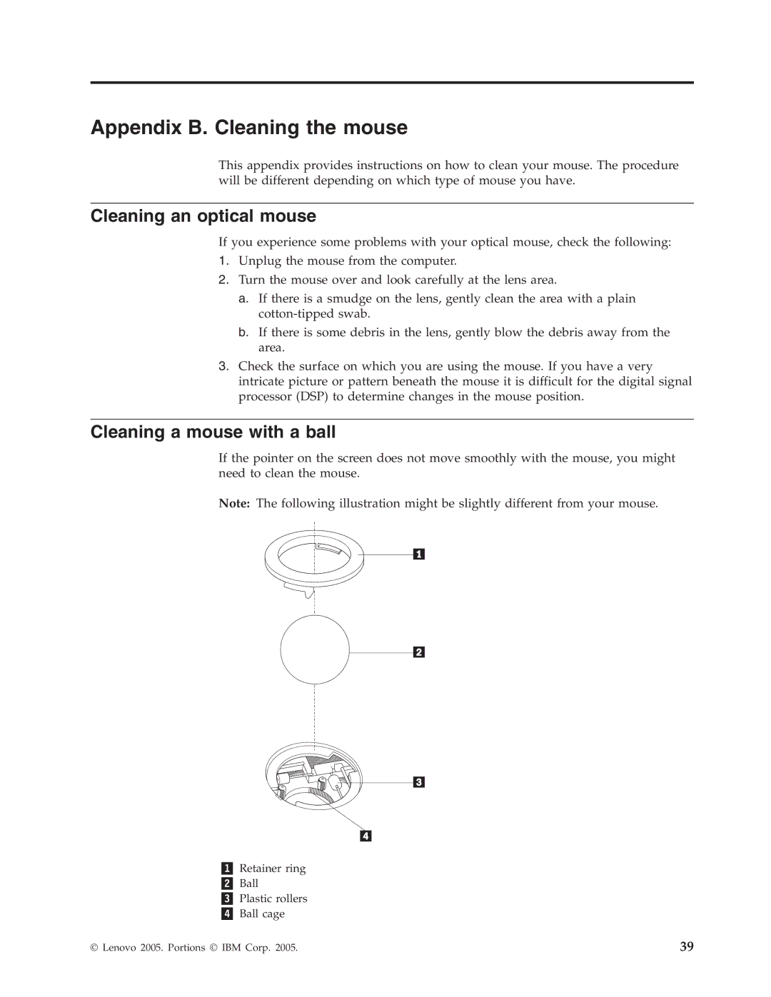 Lenovo 8154, 8214, 8165, 8212, 8213 Appendix B. Cleaning the mouse, Cleaning an optical mouse, Cleaning a mouse with a ball 