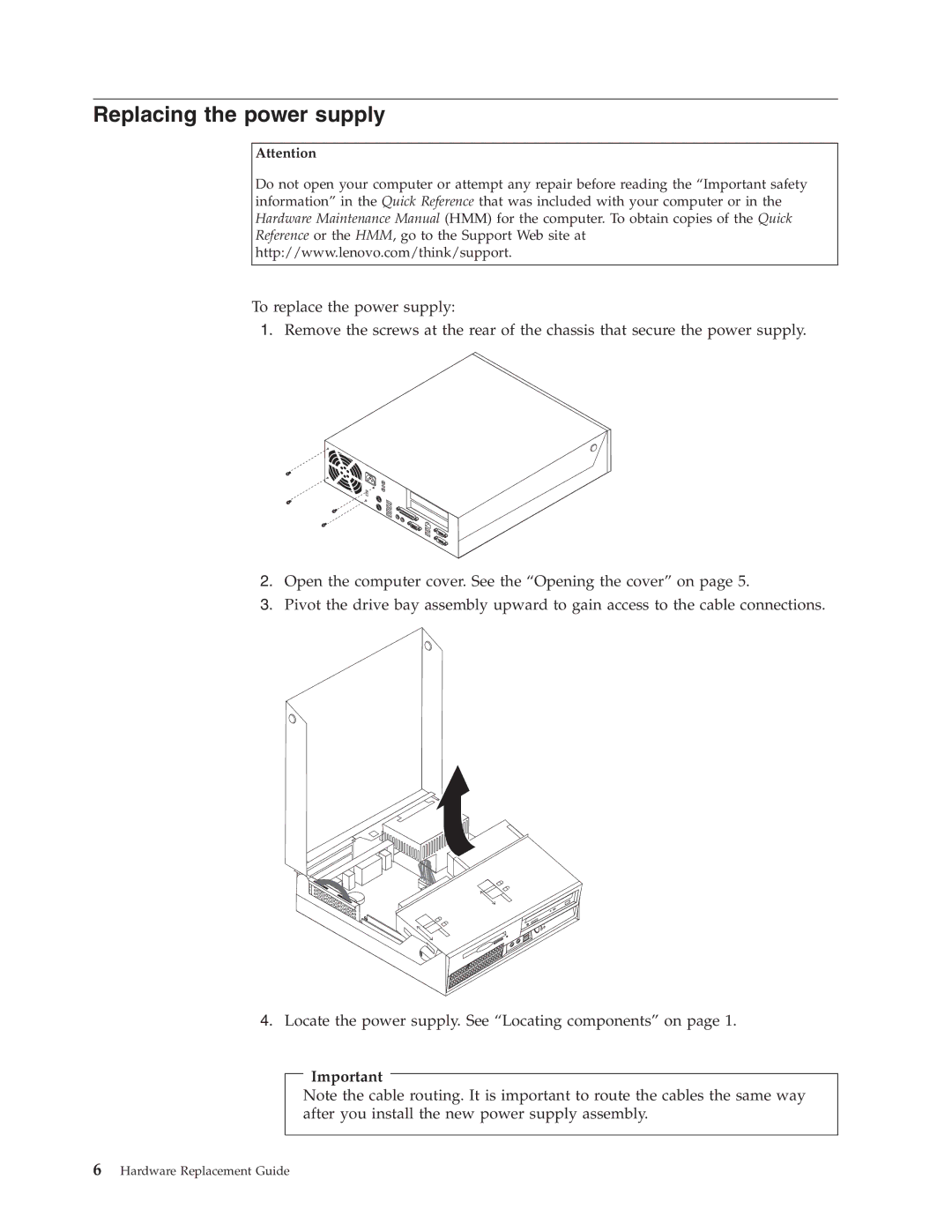 Lenovo 8099, 8160, 8155 manual Replacing the power supply 