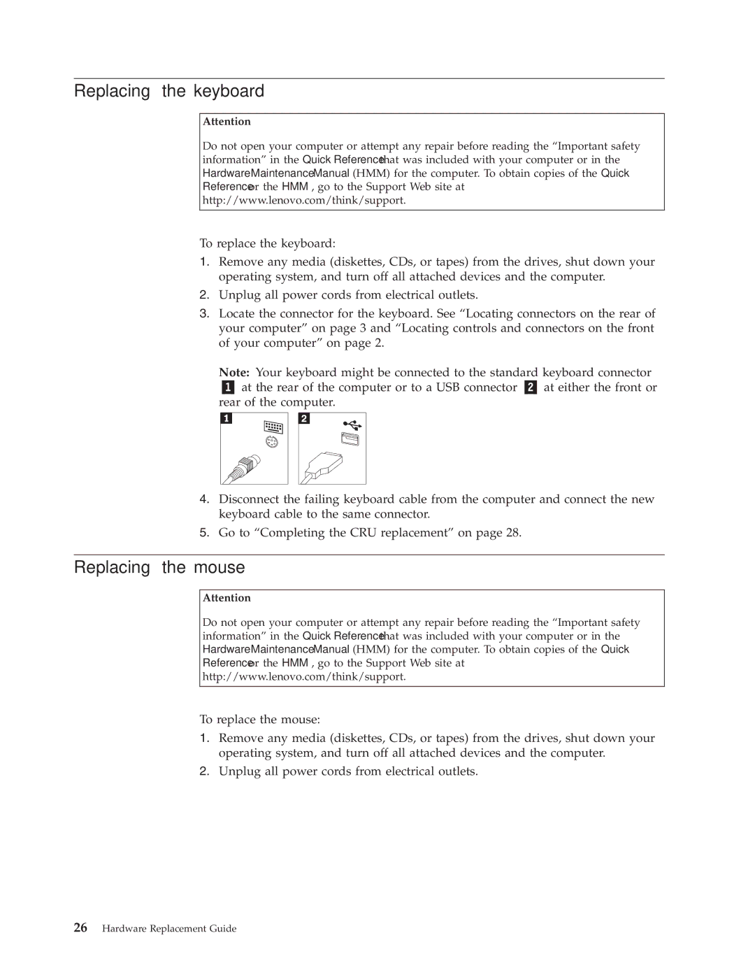 Lenovo 8155, 8160, 8099 manual Replacing the keyboard, Replacing the mouse 