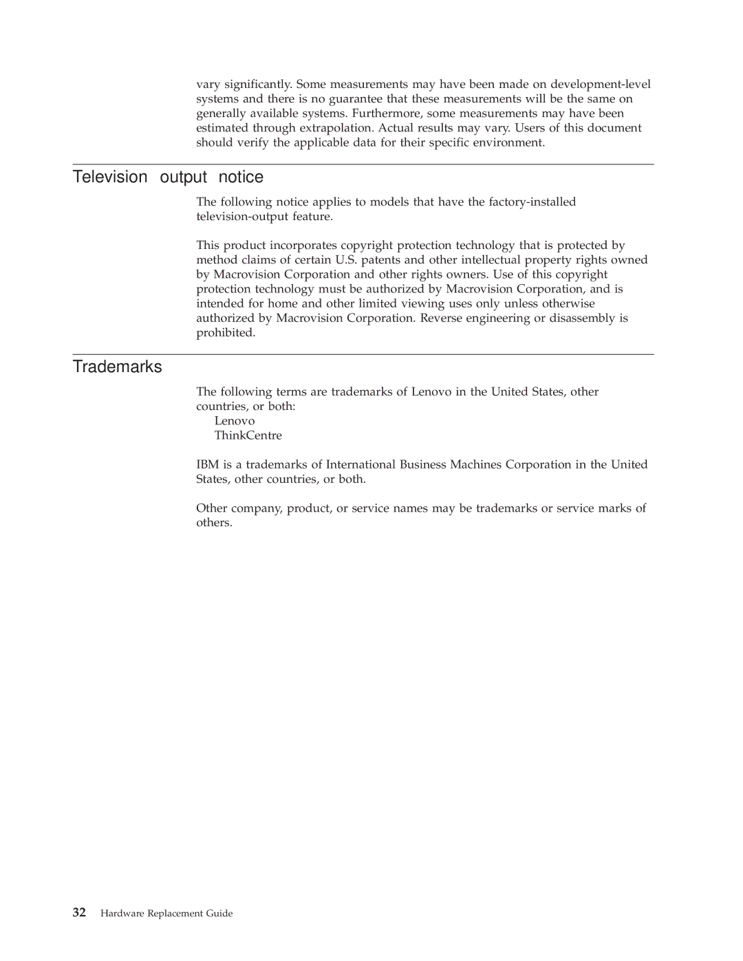 Lenovo 8155, 8160, 8099 manual Television output notice, Trademarks 