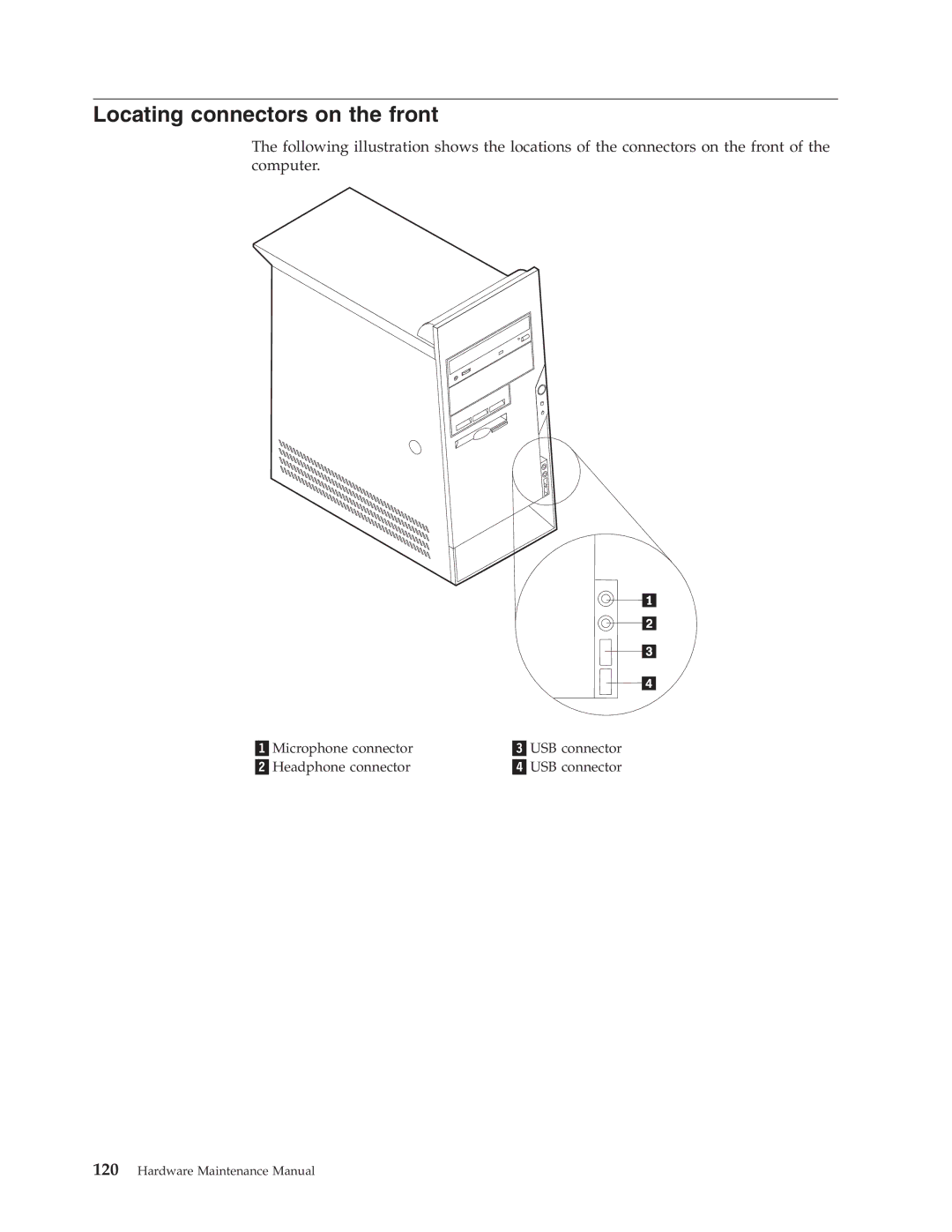 Lenovo 8148, 8177, 8175, 8084, 8149, 8126, 8085, 8147, 8176, 8174, 8179, 8178 manual Locating connectors on the front 