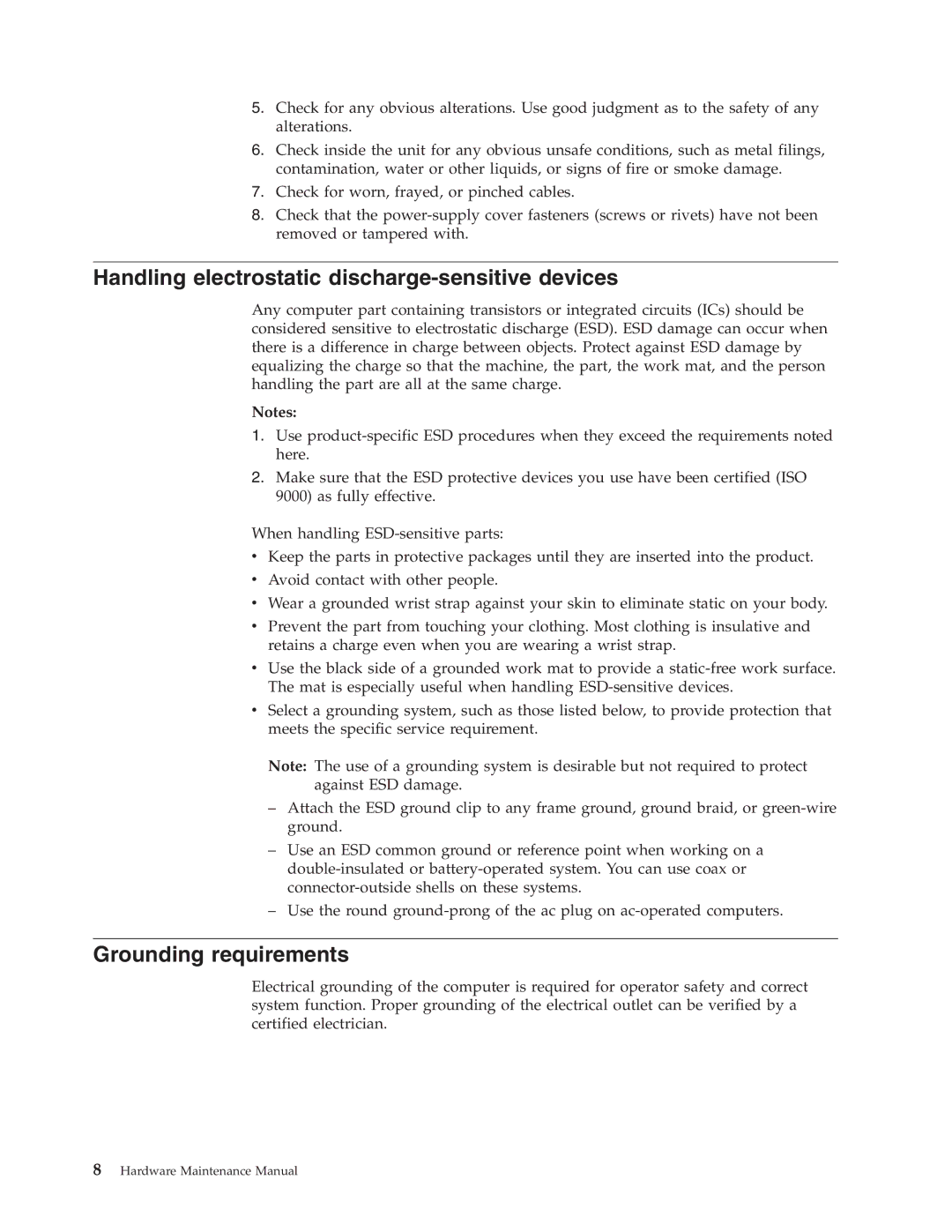 Lenovo 8084, 8177, 8175, 8149, 8126, 8085, 8148, 8147 Handling electrostatic discharge-sensitive devices, Grounding requirements 