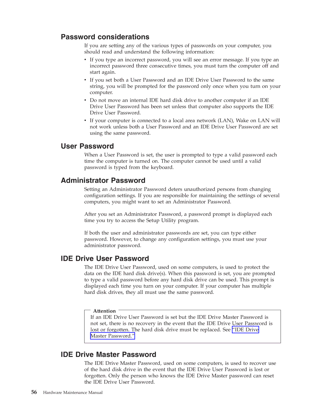 Lenovo 8084, 8177 Password considerations, Administrator Password, IDE Drive User Password, IDE Drive Master Password 