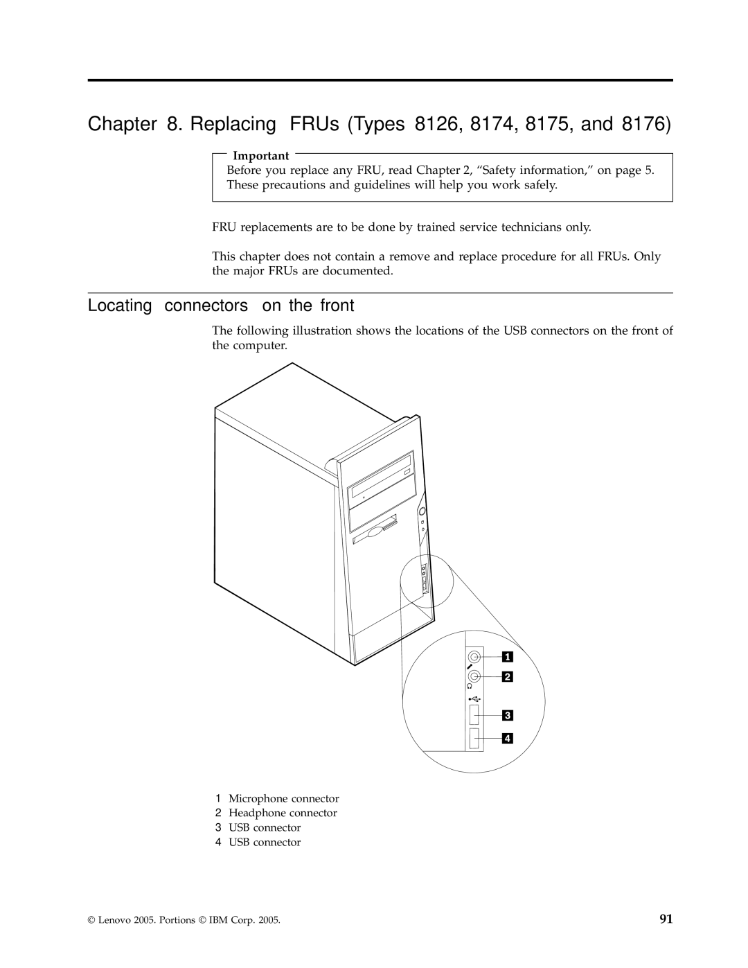 Lenovo 8177, 8084, 8149, 8085, 8148, 8147, 8176, 8179 Replacing FRUs Types 8126, 8174, 8175, Locating connectors on the front 