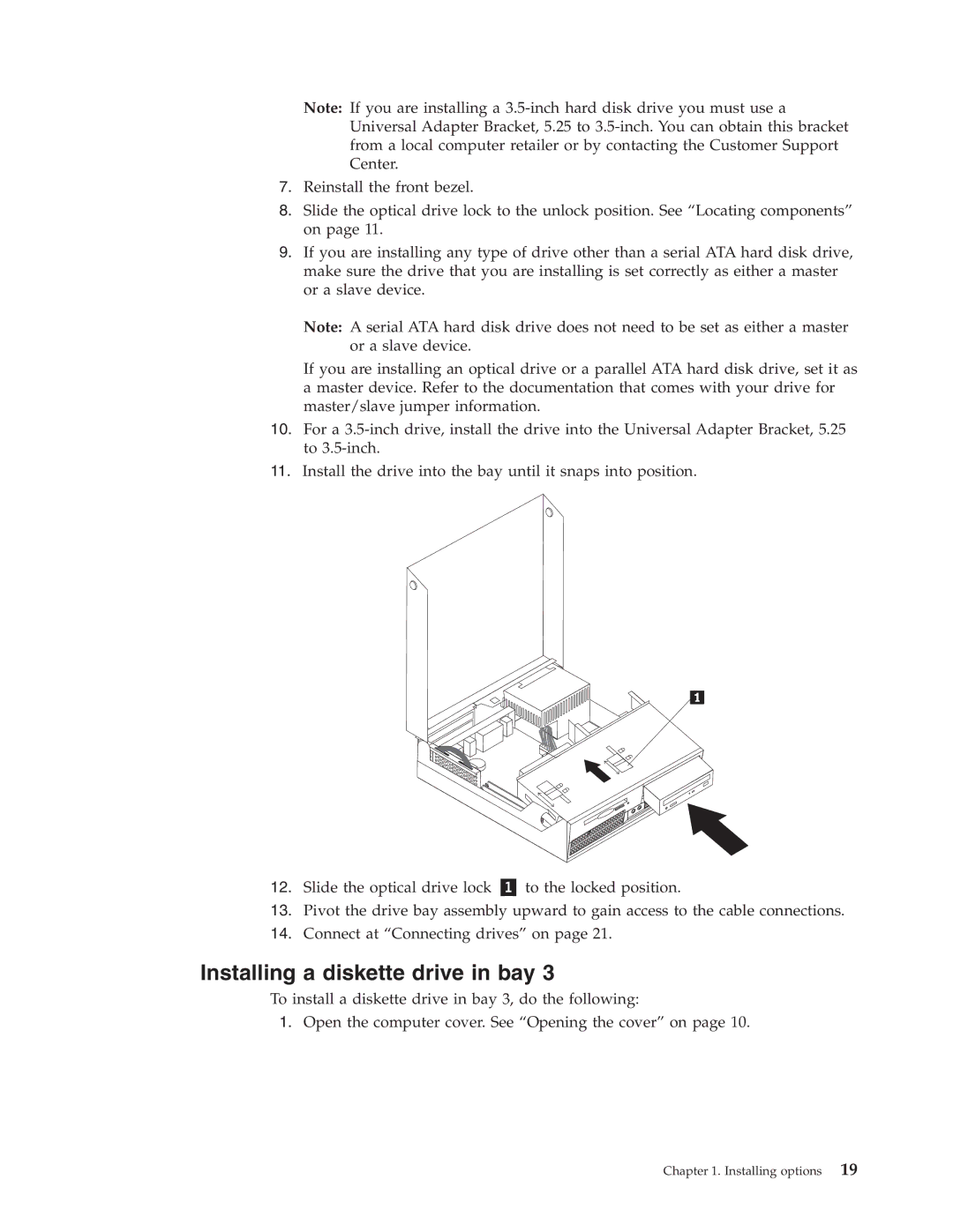 Lenovo TC A52-8155, 8215, 8157, 8158, 8159, 8156, 9210, 9211, 8116 manual Installing a diskette drive in bay 