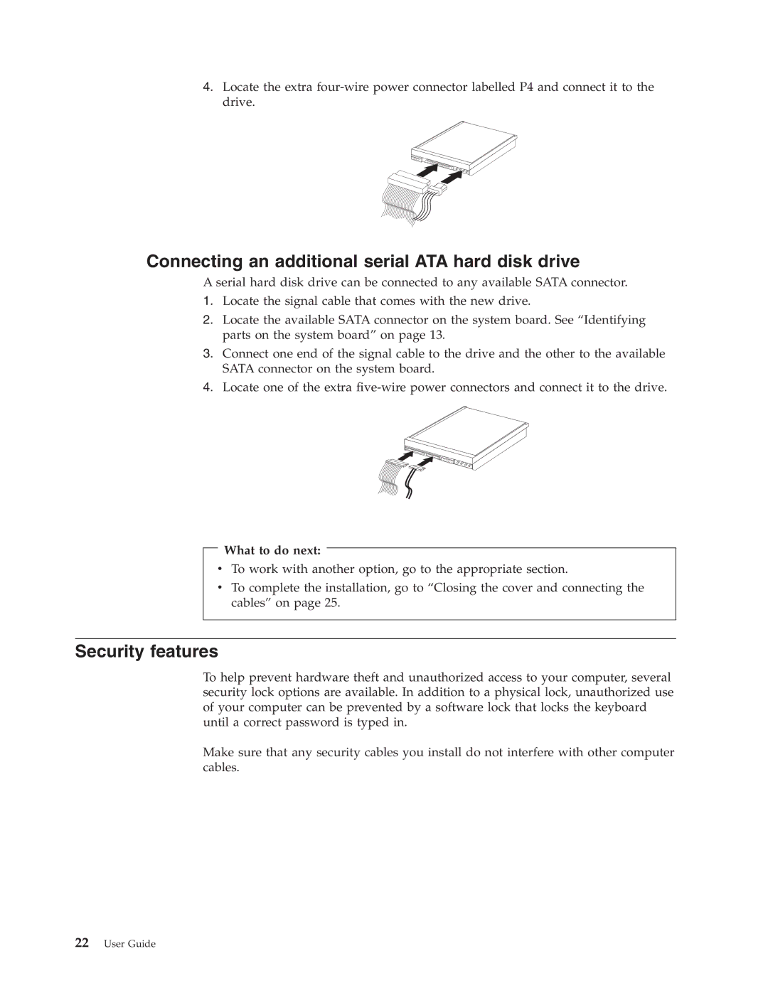 Lenovo 8158, 8215, 8157, 8159, 8156, 9210, 9211, 8116 Connecting an additional serial ATA hard disk drive, Security features 