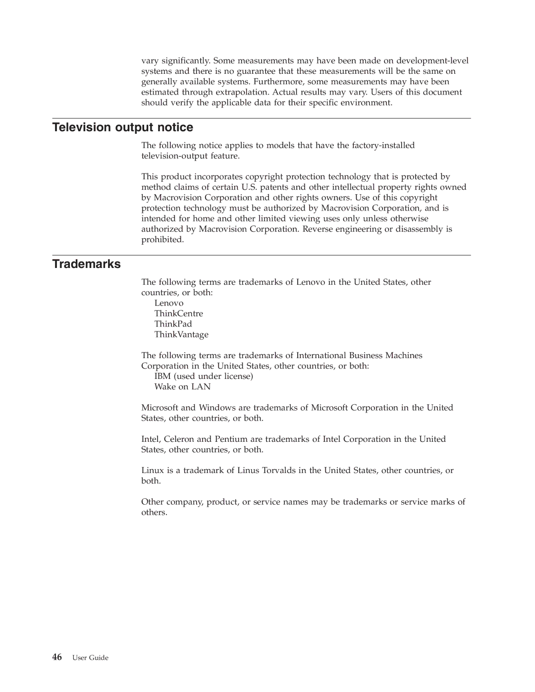 Lenovo TC A52-8155, 8215, 8157, 8158, 8159, 8156, 9210, 9211, 8116 manual Television output notice, Trademarks 