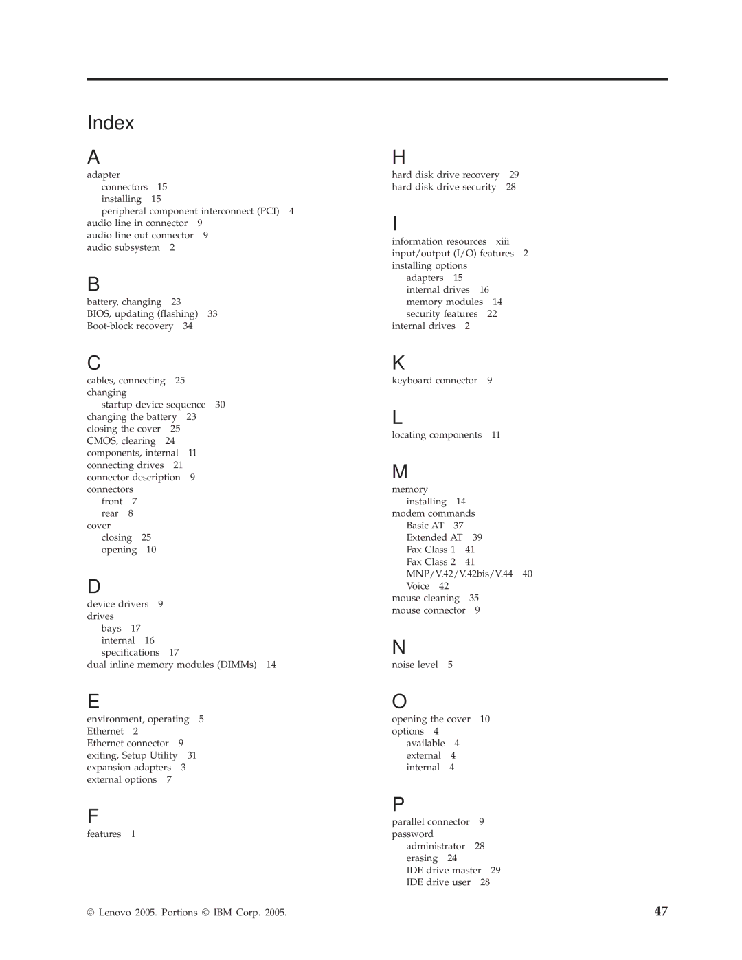 Lenovo 8215, 8157, 8158, 8159, 8156, 9210, 9211, 8116, TC A52-8155 manual Index 