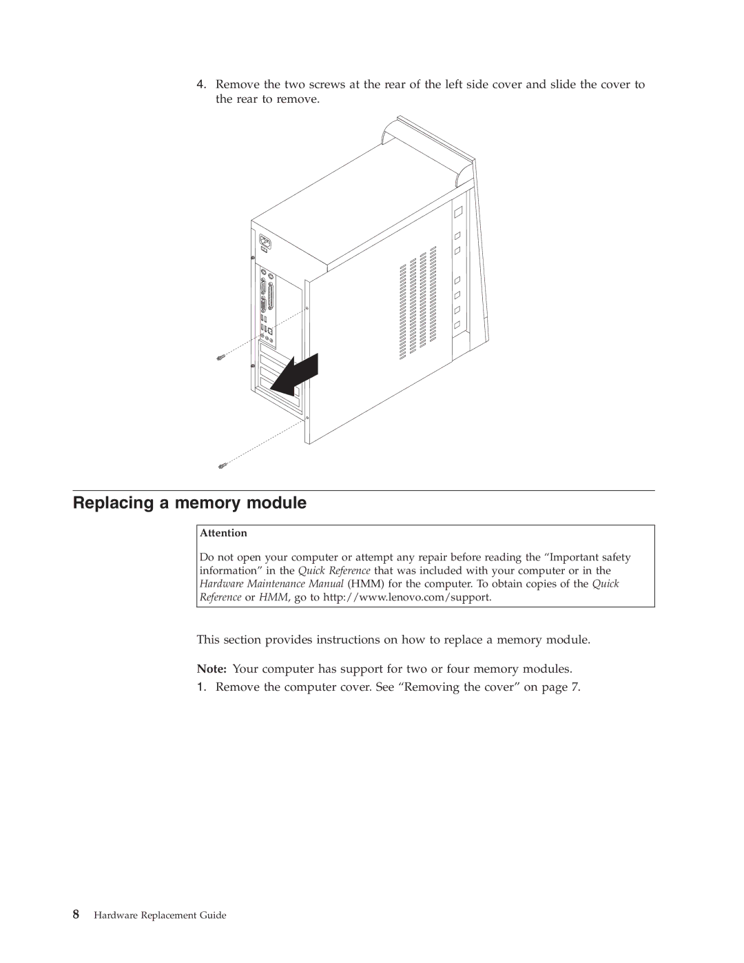 Lenovo 8253, 8258, 8259, 8254, 8257, 8252 manual Replacing a memory module 