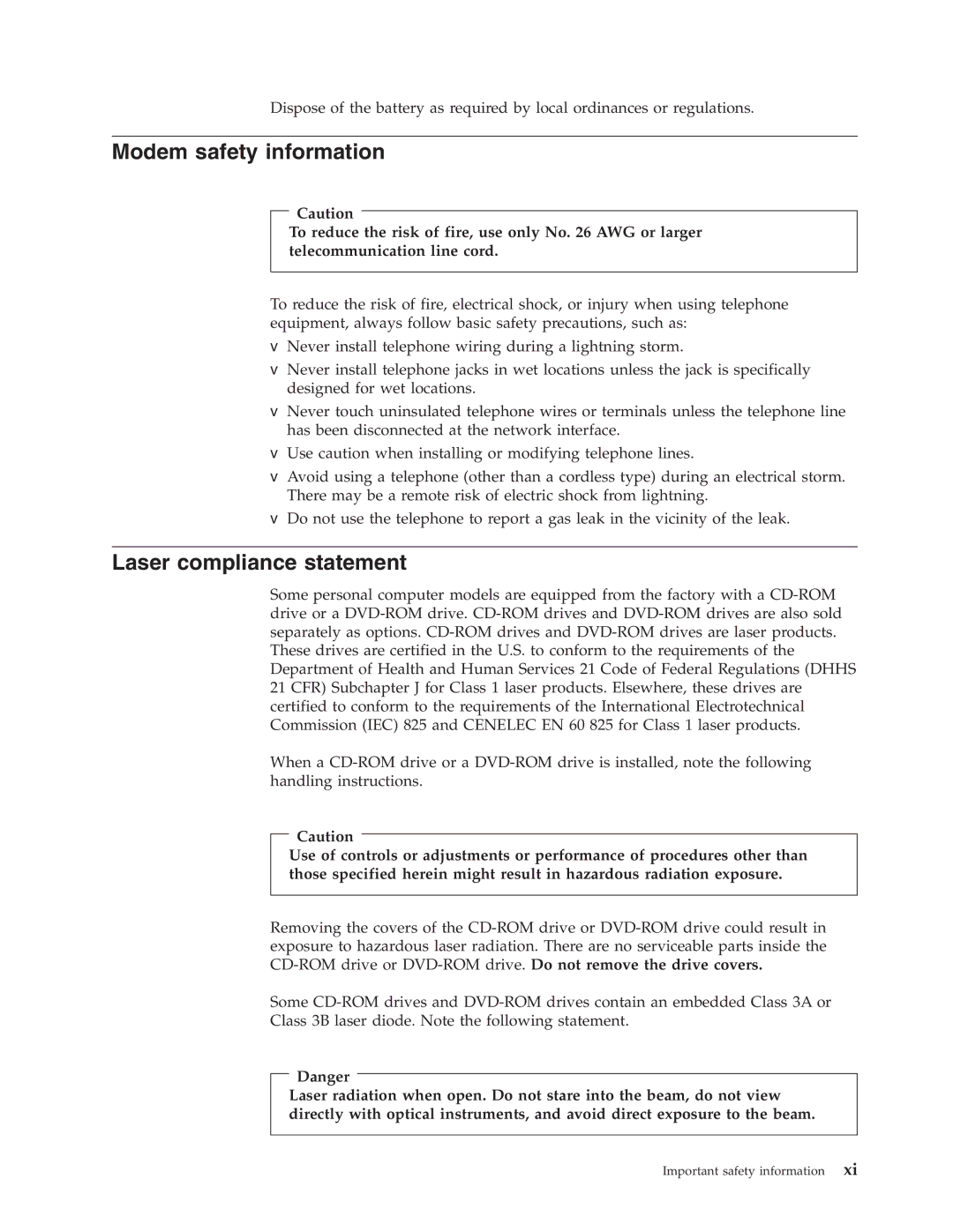 Lenovo 8342, 8288, 8329, 8297, 8380, 8326 manual Modem safety information, Laser compliance statement 