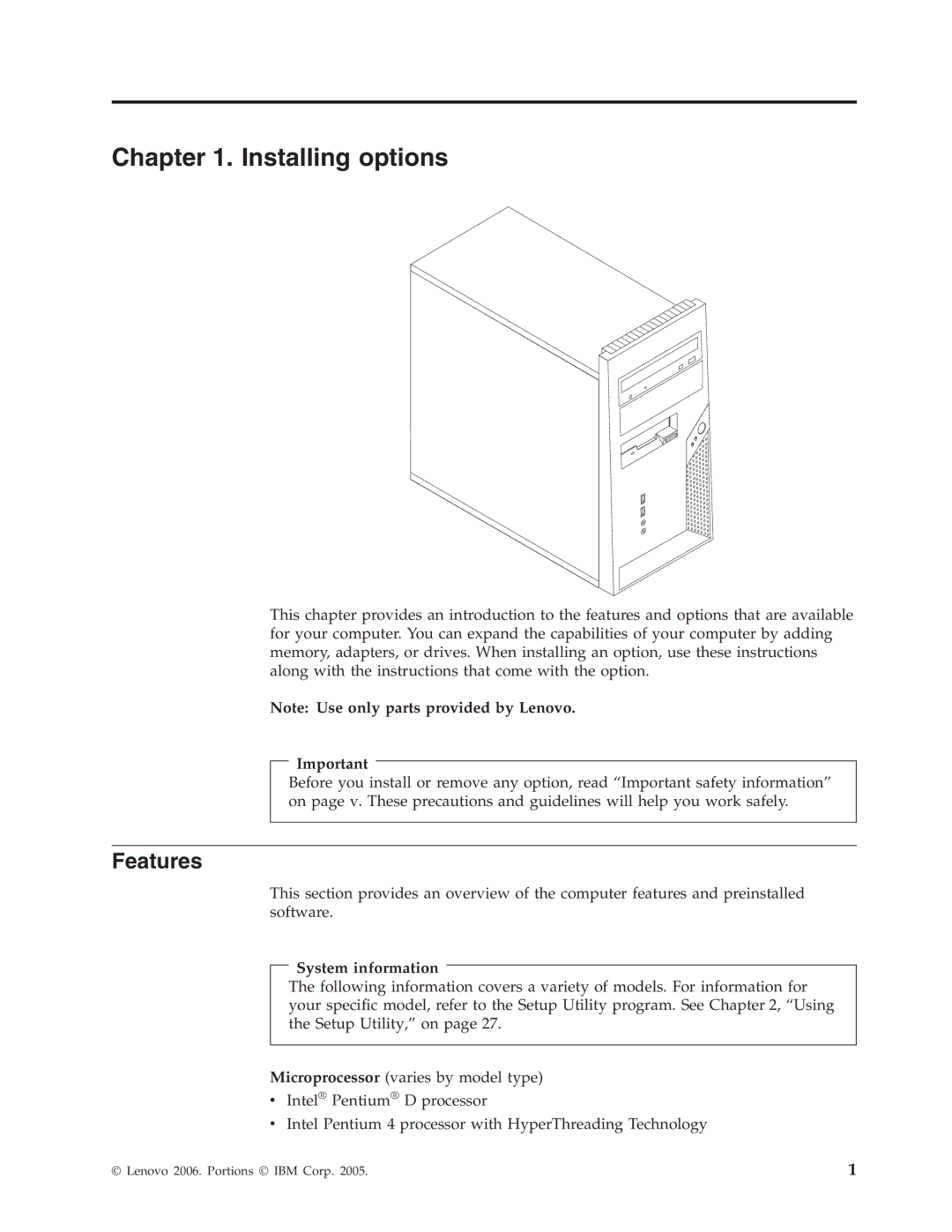 Lenovo 8326, 8288, 8342, 8329, 8297, 8380 manual Installing options, Features 