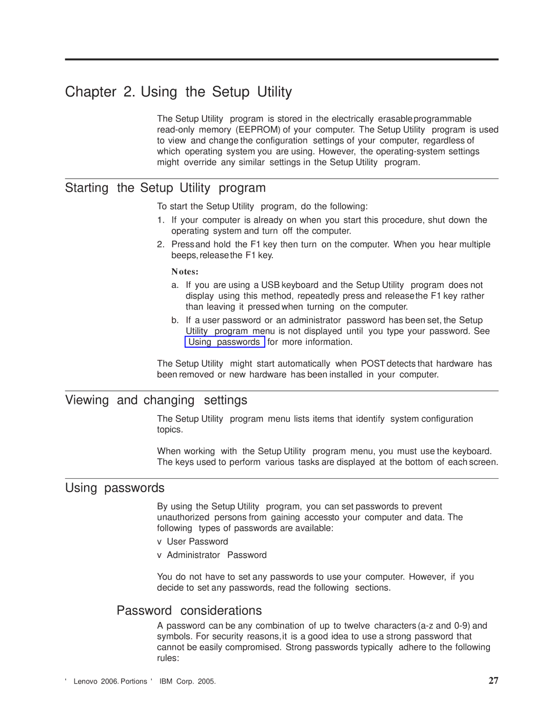 Lenovo 8342 Using the Setup Utility, Starting the Setup Utility program, Viewing and changing settings, Using passwords 