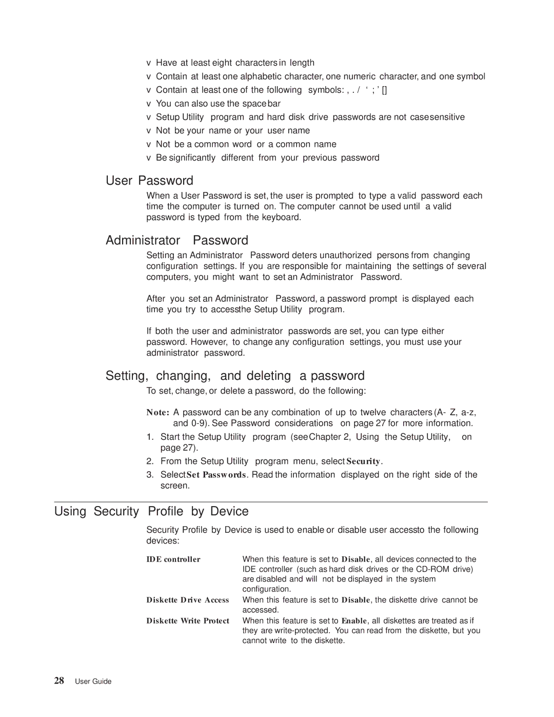 Lenovo 8329, 8288, 8342, 8297, 8380, 8326 User Password, Administrator Password, Setting, changing, and deleting a password 