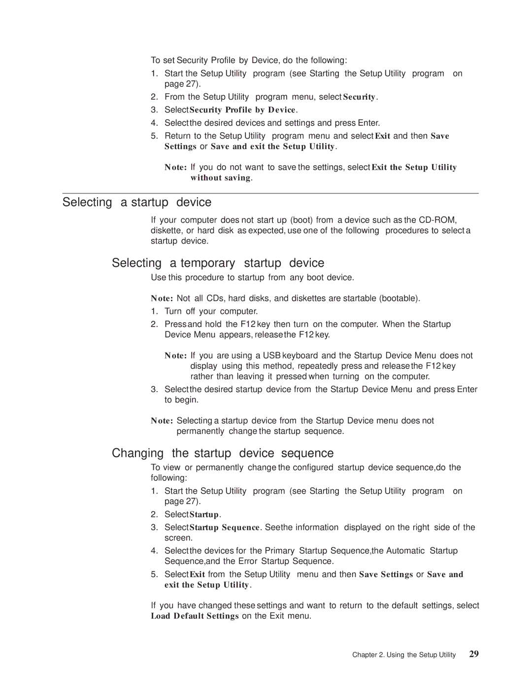 Lenovo 8297, 8288 Selecting a startup device, Selecting a temporary startup device, Changing the startup device sequence 