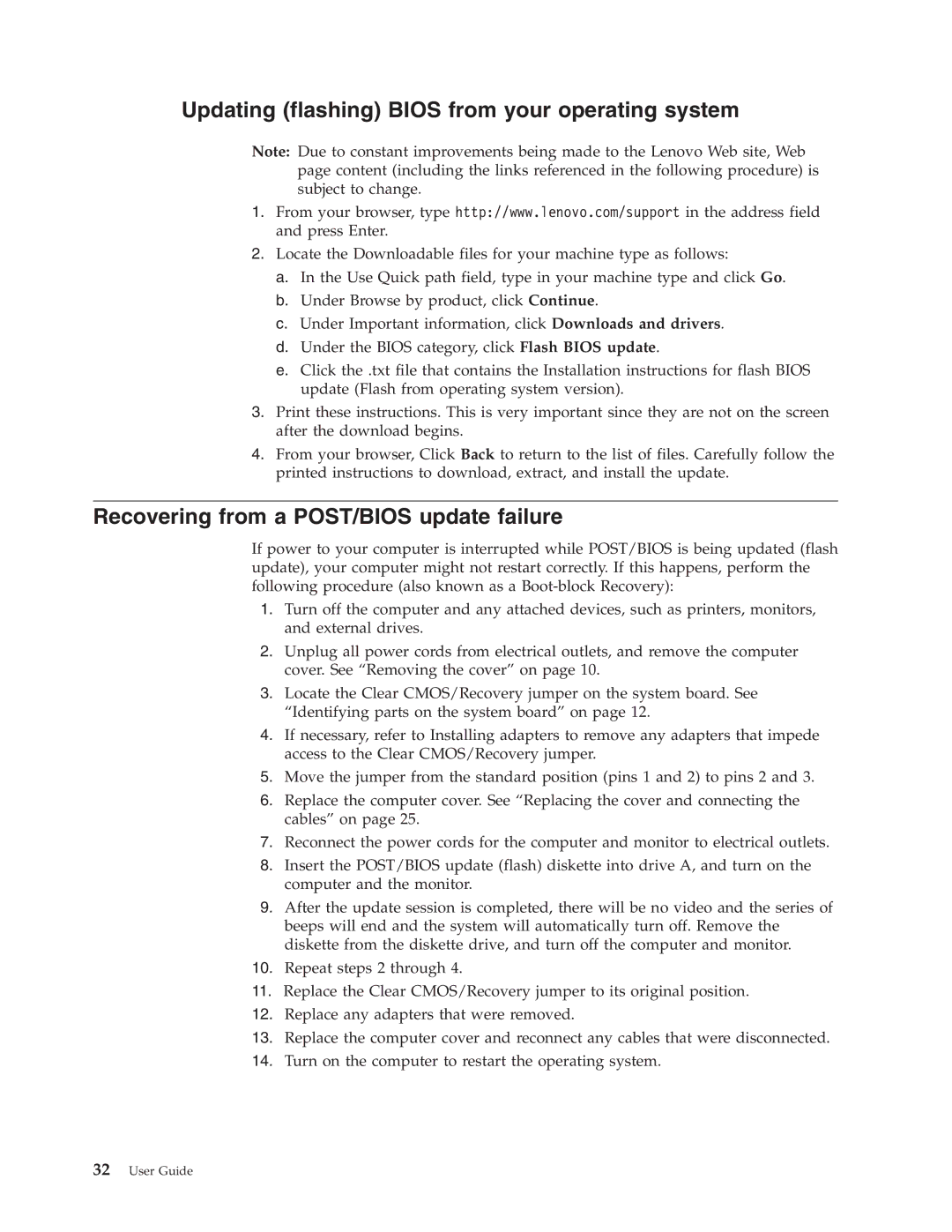Lenovo 8288, 8342, 8329, 8297 Updating flashing Bios from your operating system, Recovering from a POST/BIOS update failure 