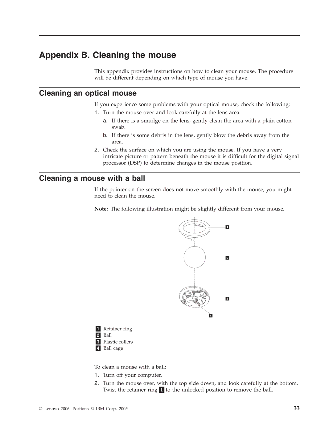 Lenovo 8342, 8288, 8329, 8297, 8380 Appendix B. Cleaning the mouse, Cleaning an optical mouse, Cleaning a mouse with a ball 