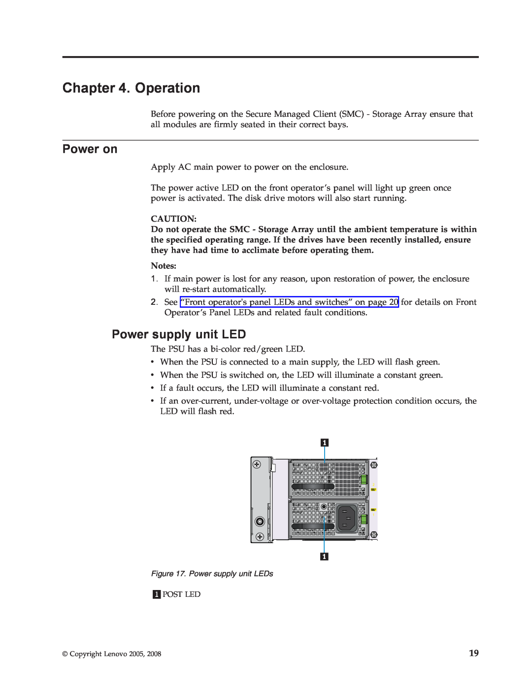 Lenovo 8332 manual Operation, Power on, Power supply unit LED 
