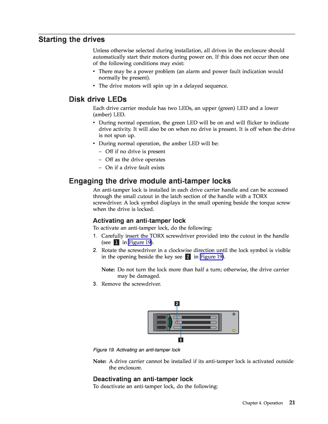 Lenovo 8332 manual Starting the drives, Disk drive LEDs, Engaging the drive module anti-tamperlocks 