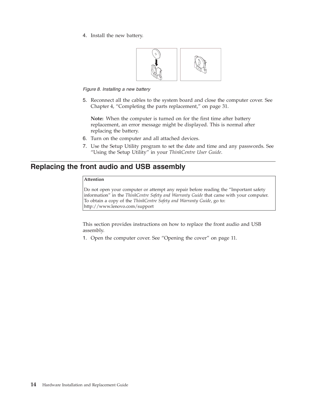 Lenovo 8336 manual Replacing the front audio and USB assembly, Installing a new battery 