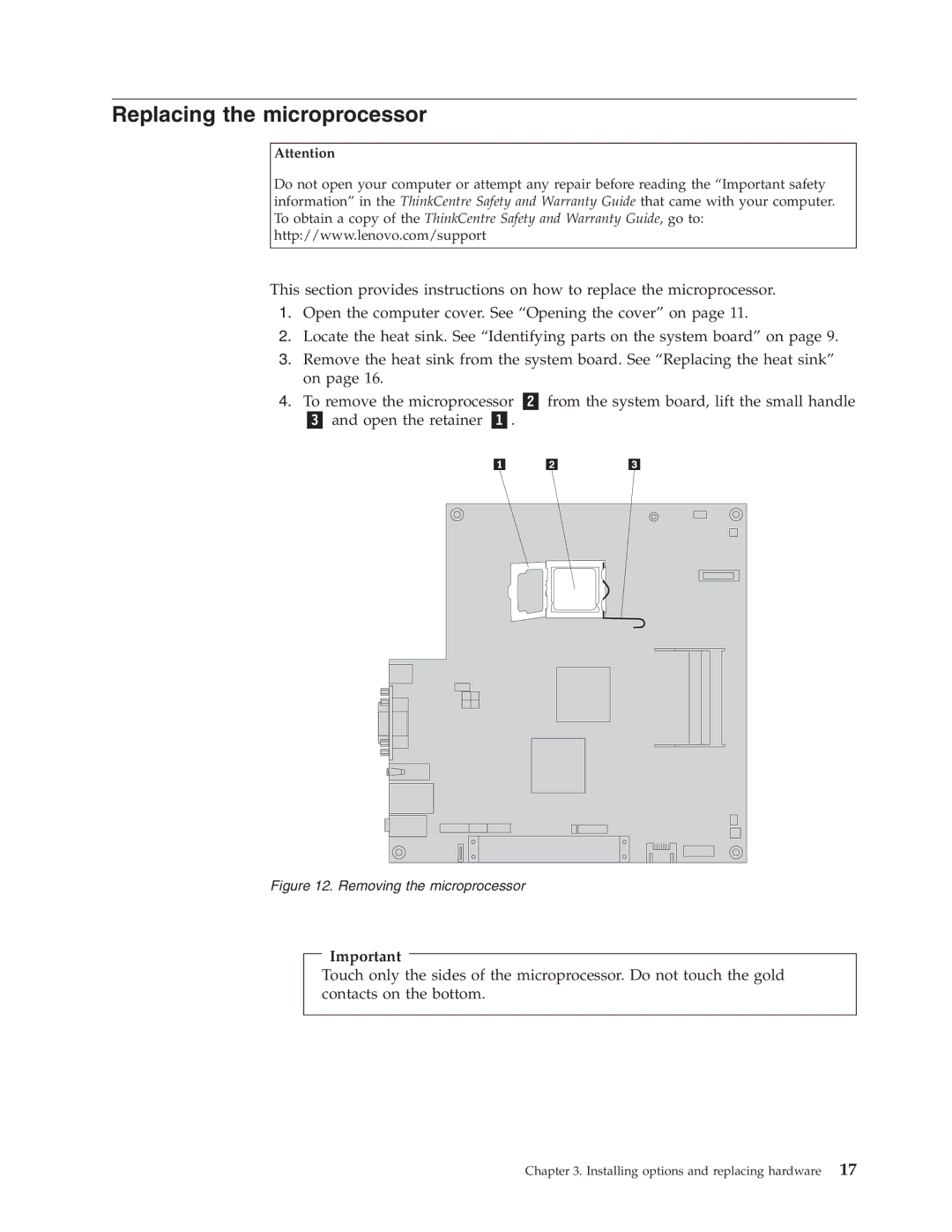Lenovo 8336 manual Replacing the microprocessor, Removing the microprocessor 