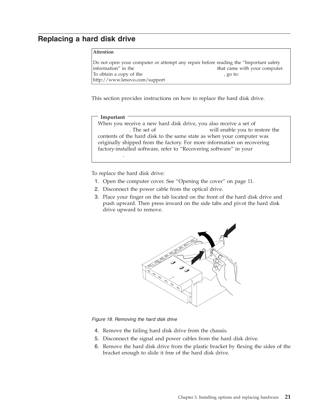 Lenovo 8336 manual Replacing a hard disk drive, Removing the hard disk drive 