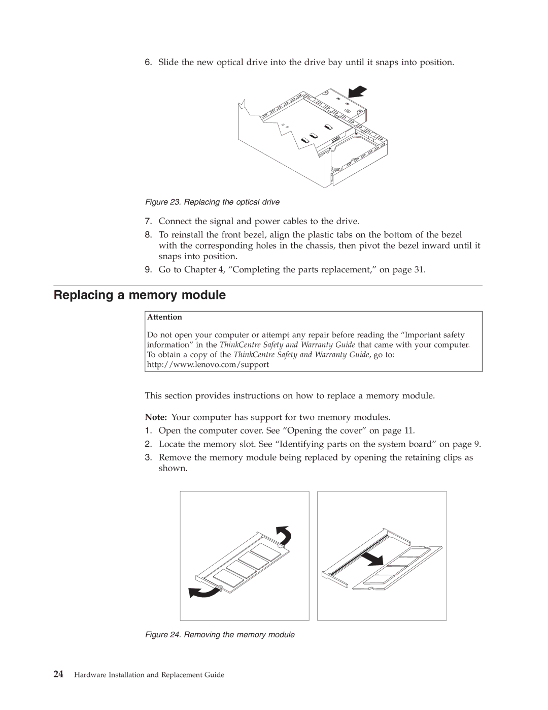 Lenovo 8336 manual Replacing a memory module, Replacing the optical drive 