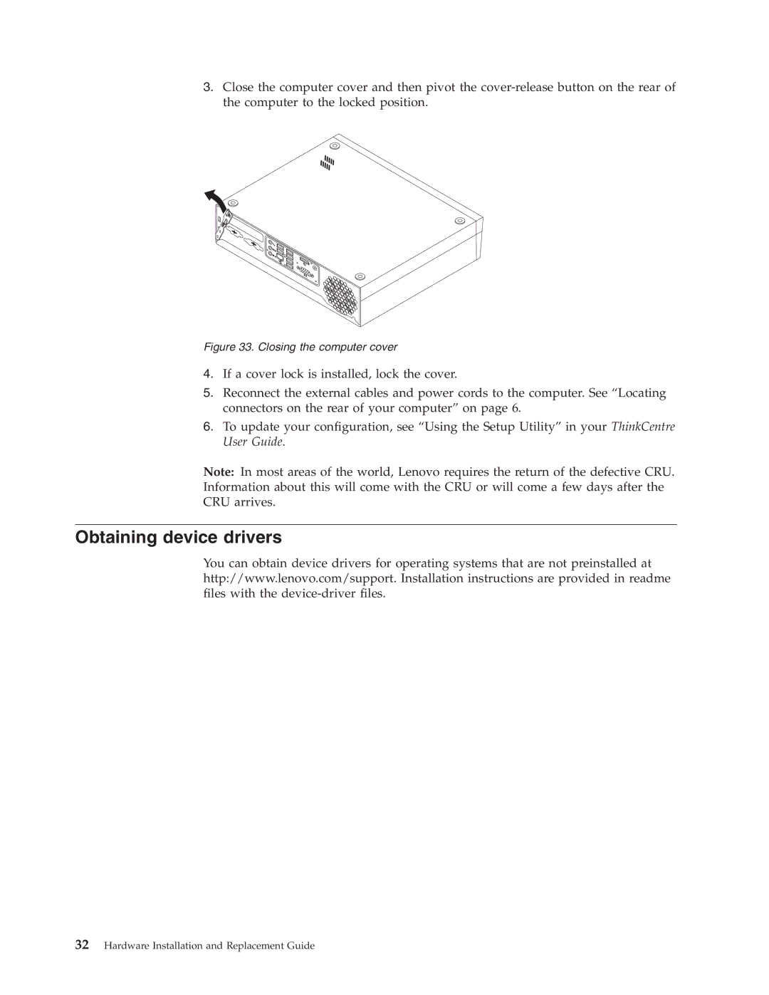 Lenovo 8336 manual Obtaining device drivers, Closing the computer cover 