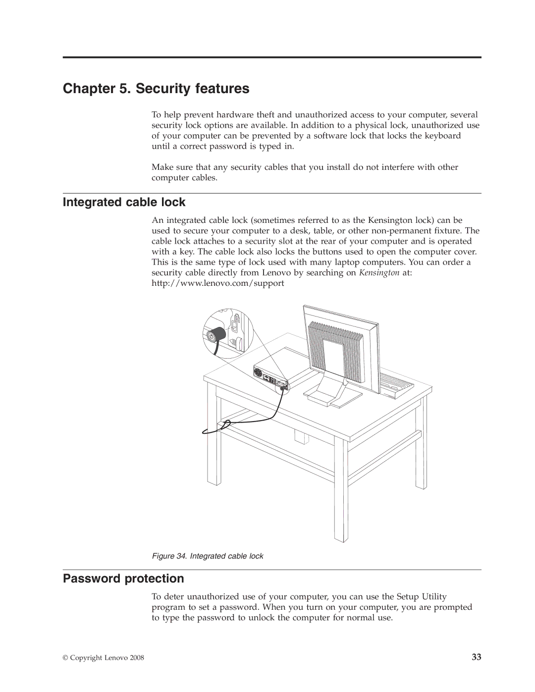 Lenovo 8336 manual Security features, Integrated cable lock, Password protection 