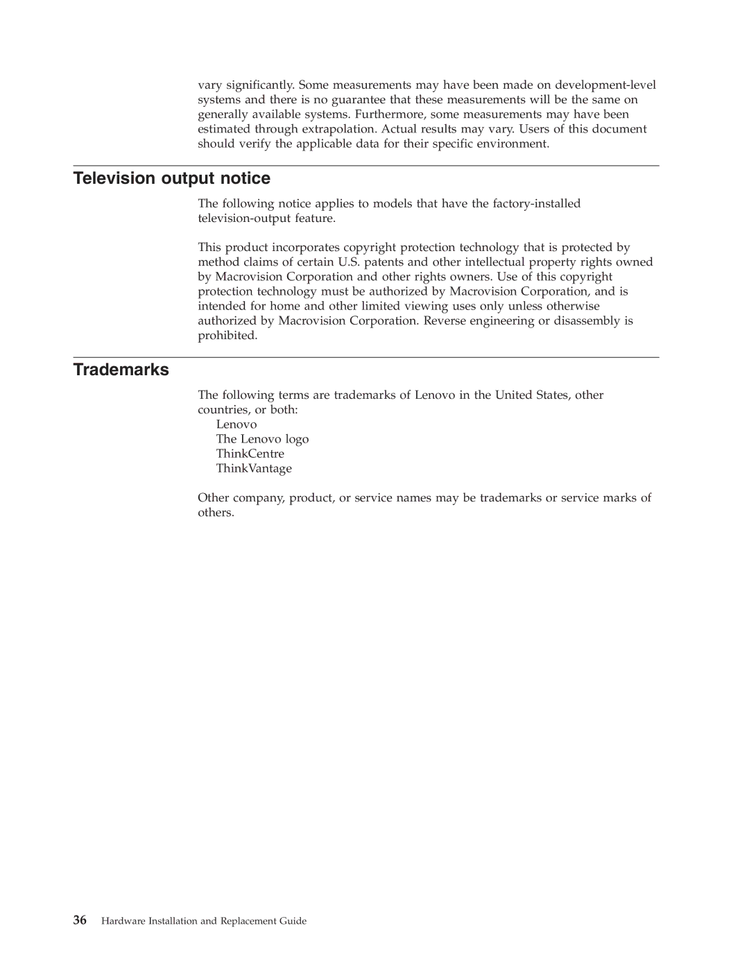 Lenovo 8336 manual Television output notice, Trademarks 