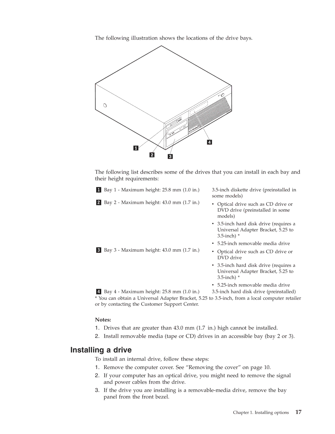 Lenovo 8421, 8426, 8145, 8142, 8420, 8141, 8095, 8096 manual Installing a drive 