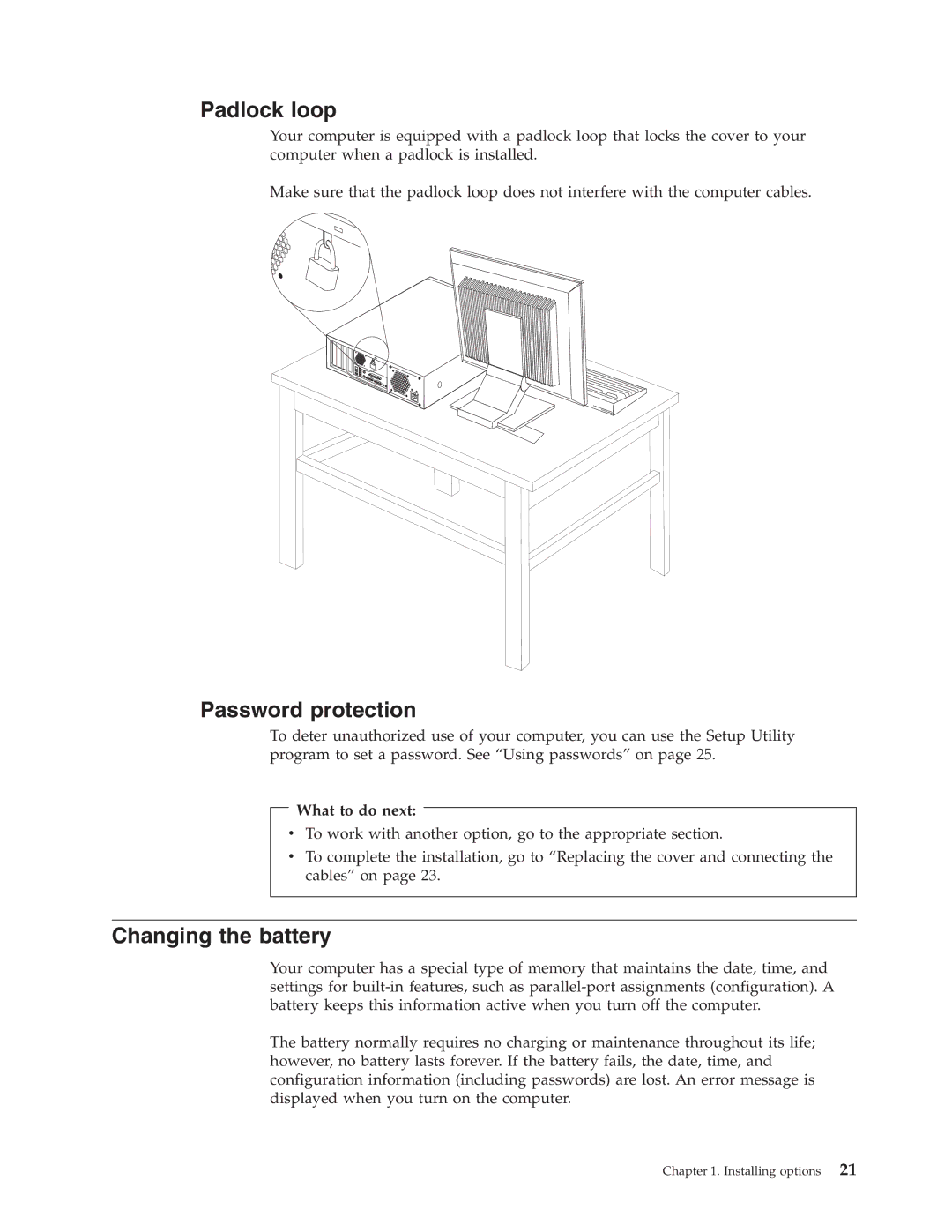 Lenovo 8141, 8426, 8421, 8145, 8142, 8420, 8095, 8096 manual Padlock loop, Password protection, Changing the battery 