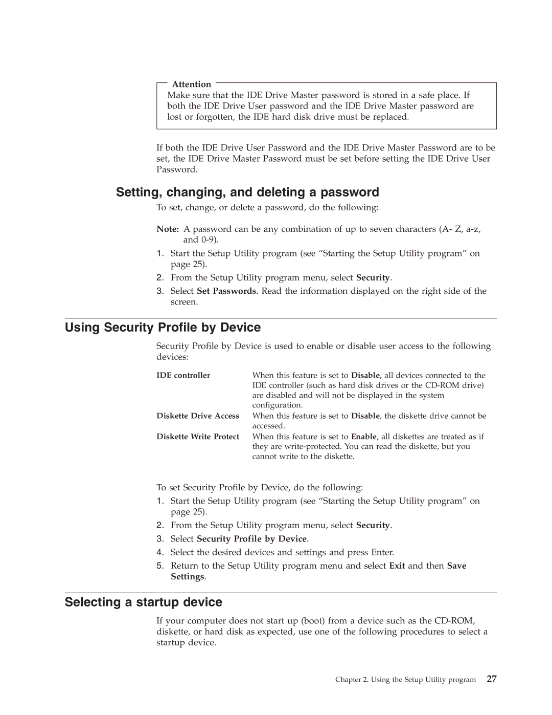 Lenovo 8142, 8426 Setting, changing, and deleting a password, Using Security Profile by Device, Selecting a startup device 