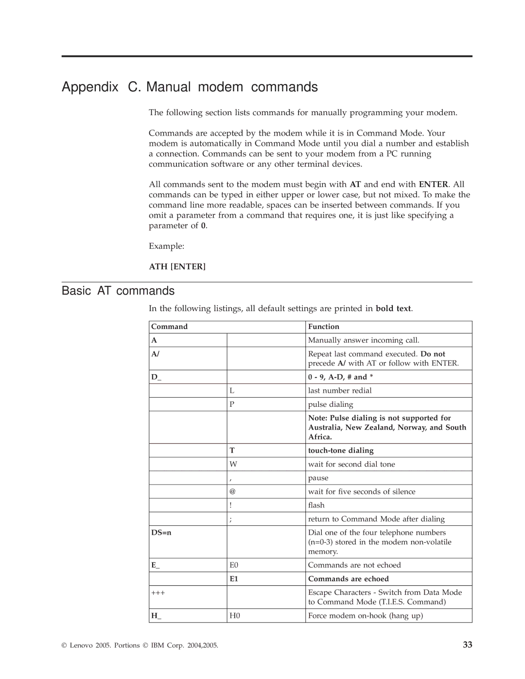 Lenovo 8421, 8426, 8145, 8142, 8420, 8141, 8095, 8096 manual Appendix C. Manual modem commands, Basic AT commands 