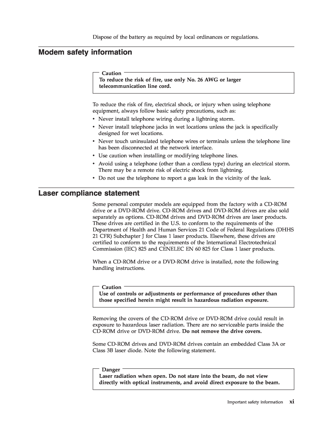 Lenovo 8457, 8455, 8453, 8454, 8459, 8460, 8458, 8456 manual Modem safety information, Laser compliance statement 
