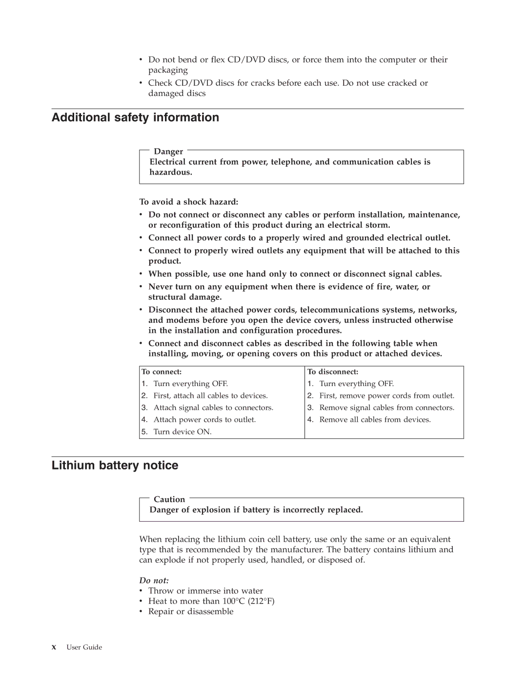 Lenovo 8460, 8455, 8453, 8454, 8459, 8457, 8458 Additional safety information, Lithium battery notice, To connect To disconnect 