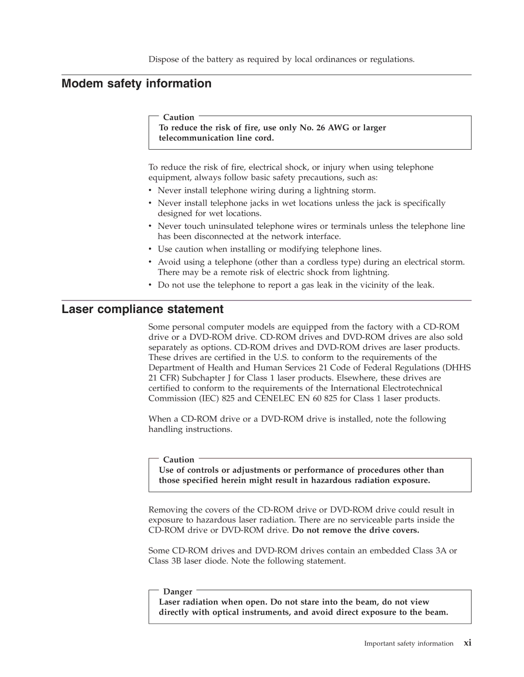 Lenovo 8457, 8455, 8453, 8454, 8459, 8460, 8458, 8456 manual Modem safety information, Laser compliance statement 