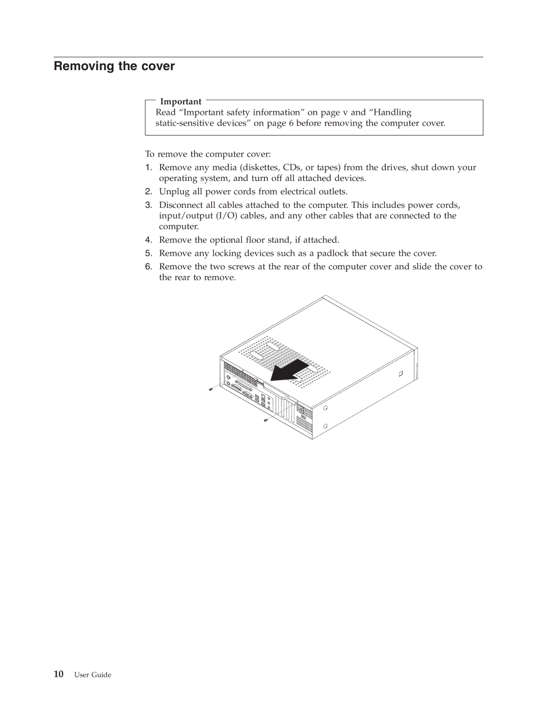 Lenovo 8454, 8455, 8453, 8459, 8460, 8457, 8458, 8456 manual Removing the cover 