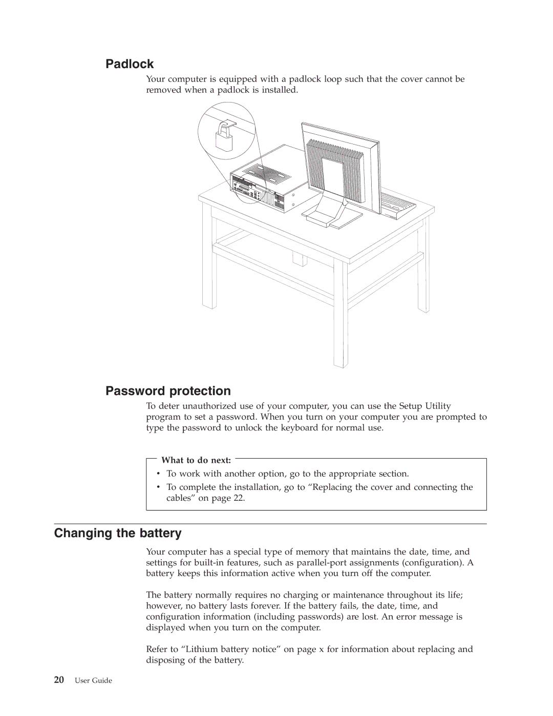 Lenovo 8460, 8455, 8453, 8454, 8459, 8457, 8458, 8456 manual Padlock, Password protection, Changing the battery 