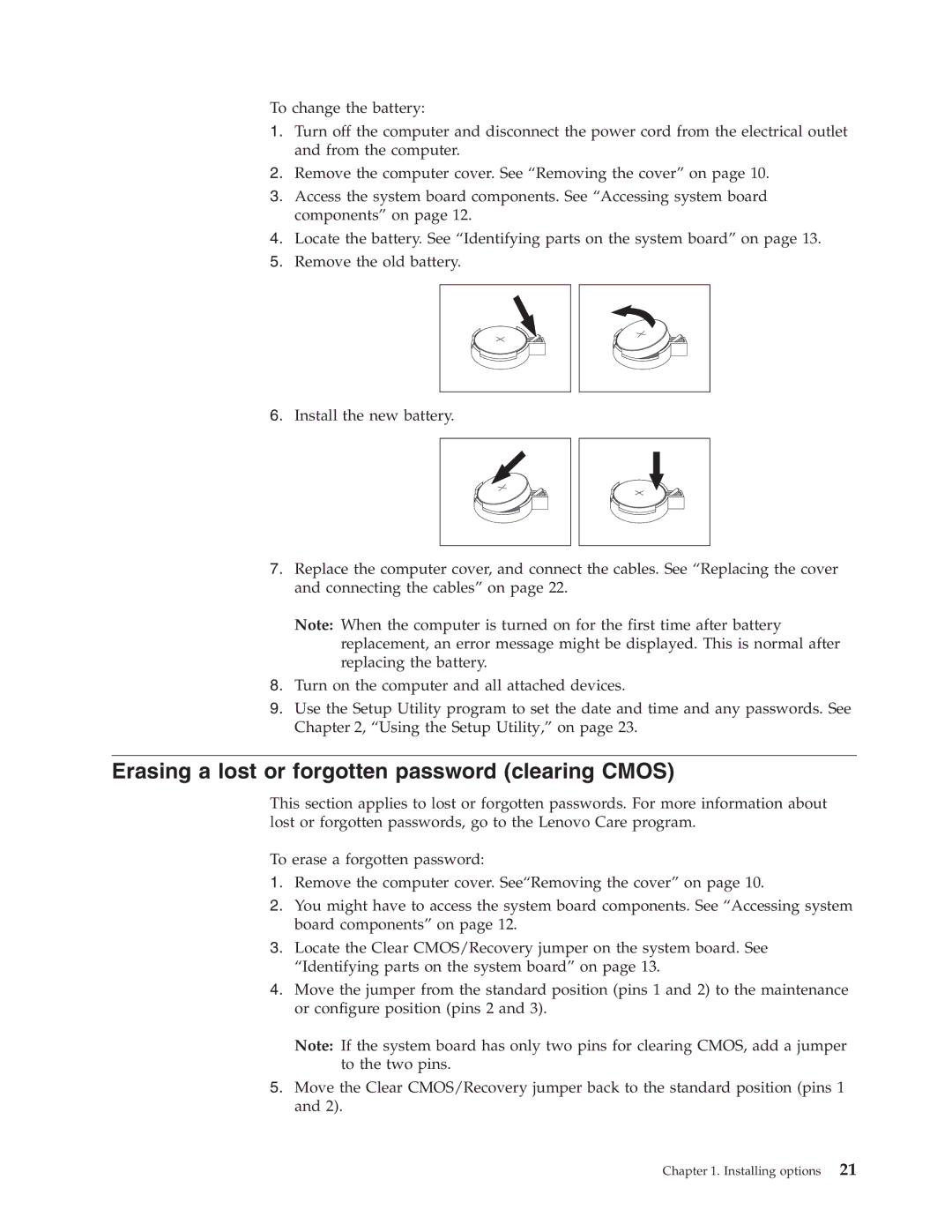 Lenovo 8457, 8455, 8453, 8454, 8459, 8460, 8458, 8456 manual Erasing a lost or forgotten password clearing Cmos 