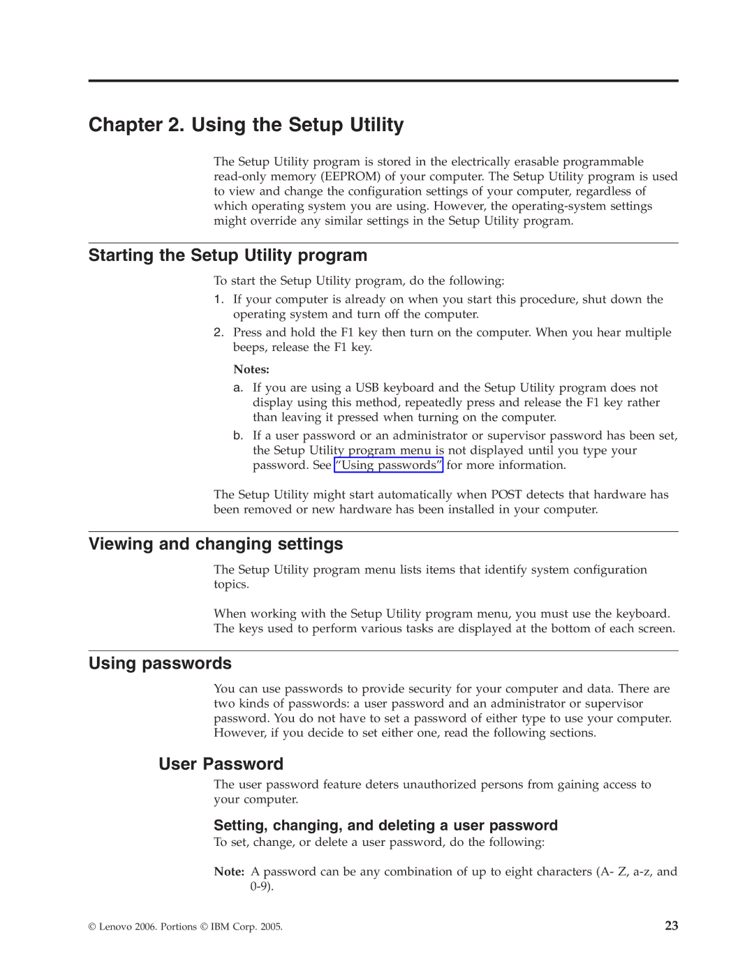 Lenovo 8456 Using the Setup Utility, Starting the Setup Utility program, Viewing and changing settings, Using passwords 