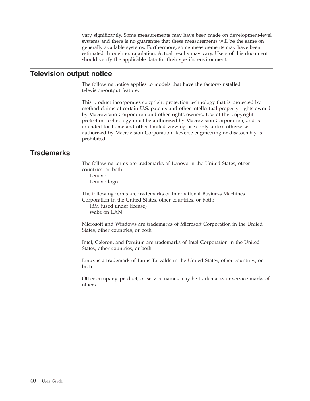 Lenovo 8455, 8453, 8454, 8459, 8460, 8457, 8458, 8456 manual Television output notice, Trademarks 