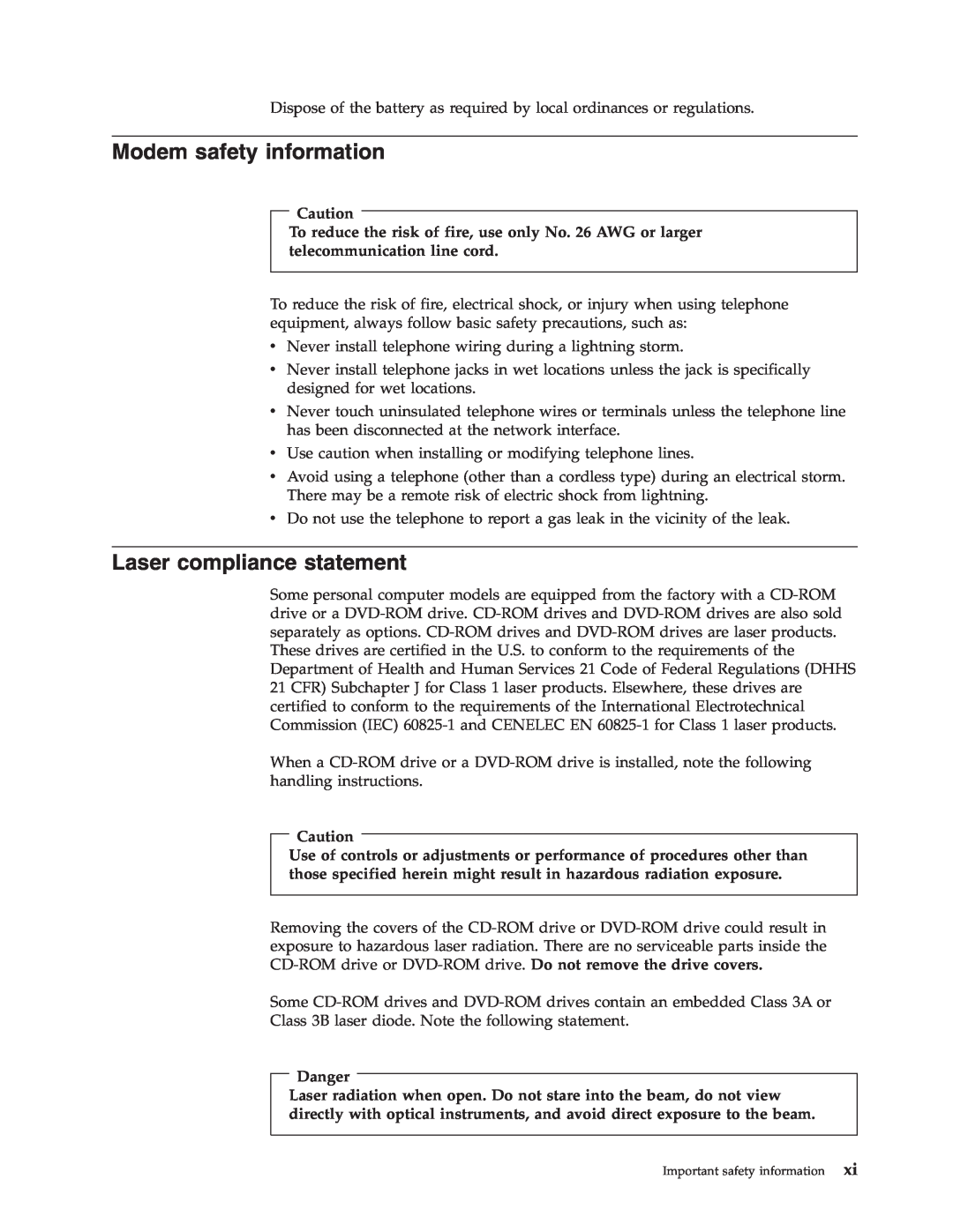 Lenovo 8010, 8813, 8796, 8808, 8800, 8804, 8792 manual Modem safety information, Laser compliance statement 